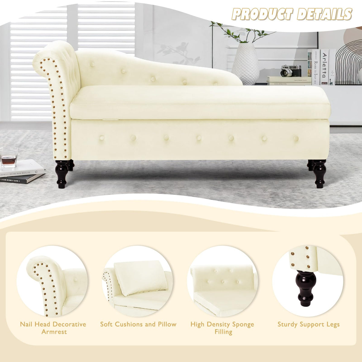 ACMEASE Velvet Chaise Lounge w/Left Armrest & Storage Space, Beige