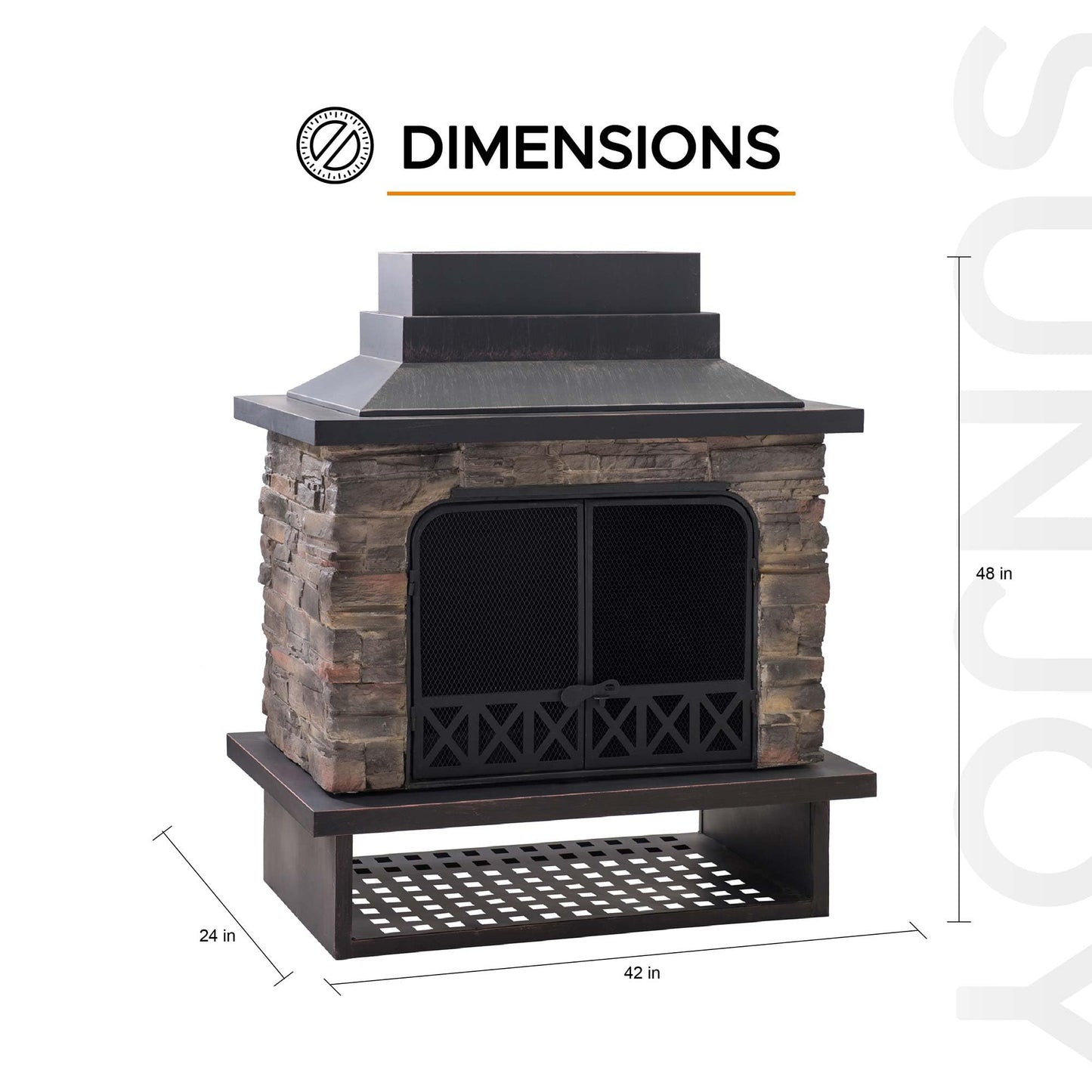 Sunjoy Outdoor Fireplace, Heavy Duty Patio Wood Burning Fireplace with Steel Chimney, Mesh Spark Screen Doors, Removable Grate and Fire Poker, Black