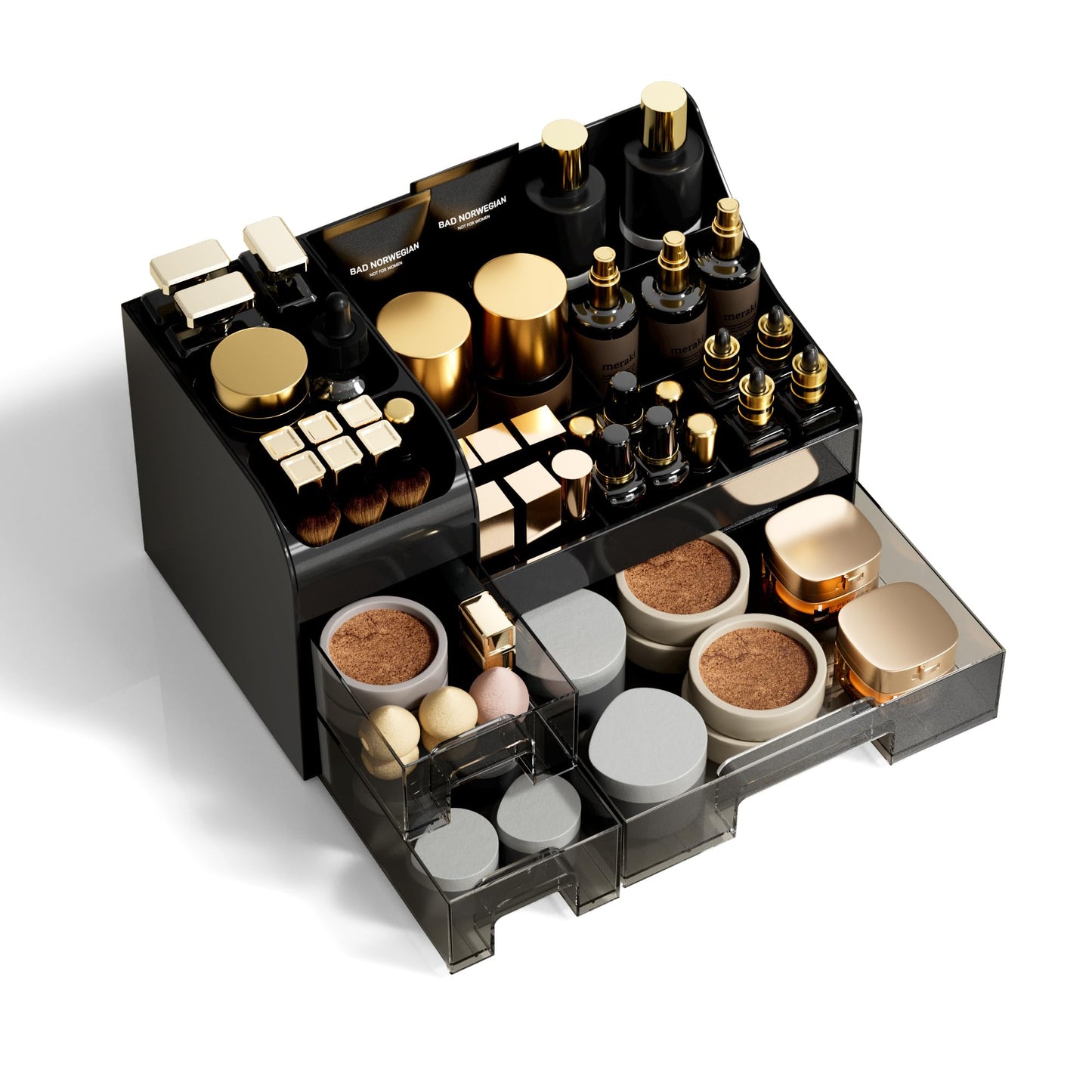 Extra Large Makeup Organizer for Vanity,Countertop Organizer with Drawers and Brush Holder,Men’s Cologne Organizer for Bathroom,Cosmetic Skin Storage for Lipsticks,Nail Polish & Shaving Lotion,Black