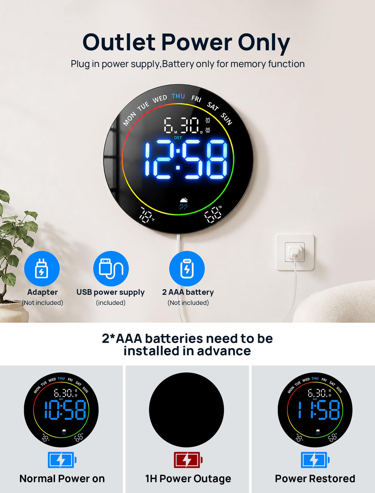 MASHI 10"Easy-Read Large Digital Wall Clock,11-Color Night Light,Auto-DST