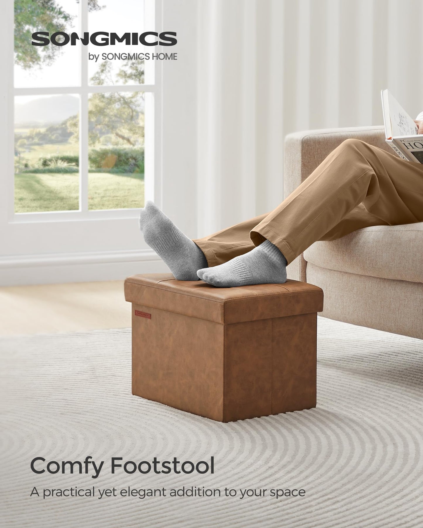 SONGMICS Small Folding Storage Ottoman, Foot Rest Stool, Cube Footrest, Synthetic Leather, 12.2 x 16.1 x 12.2 Inches, 286 lb Capacity, for Living Room, Bedroom, Dorm, Coffee Brown ULSF100K01