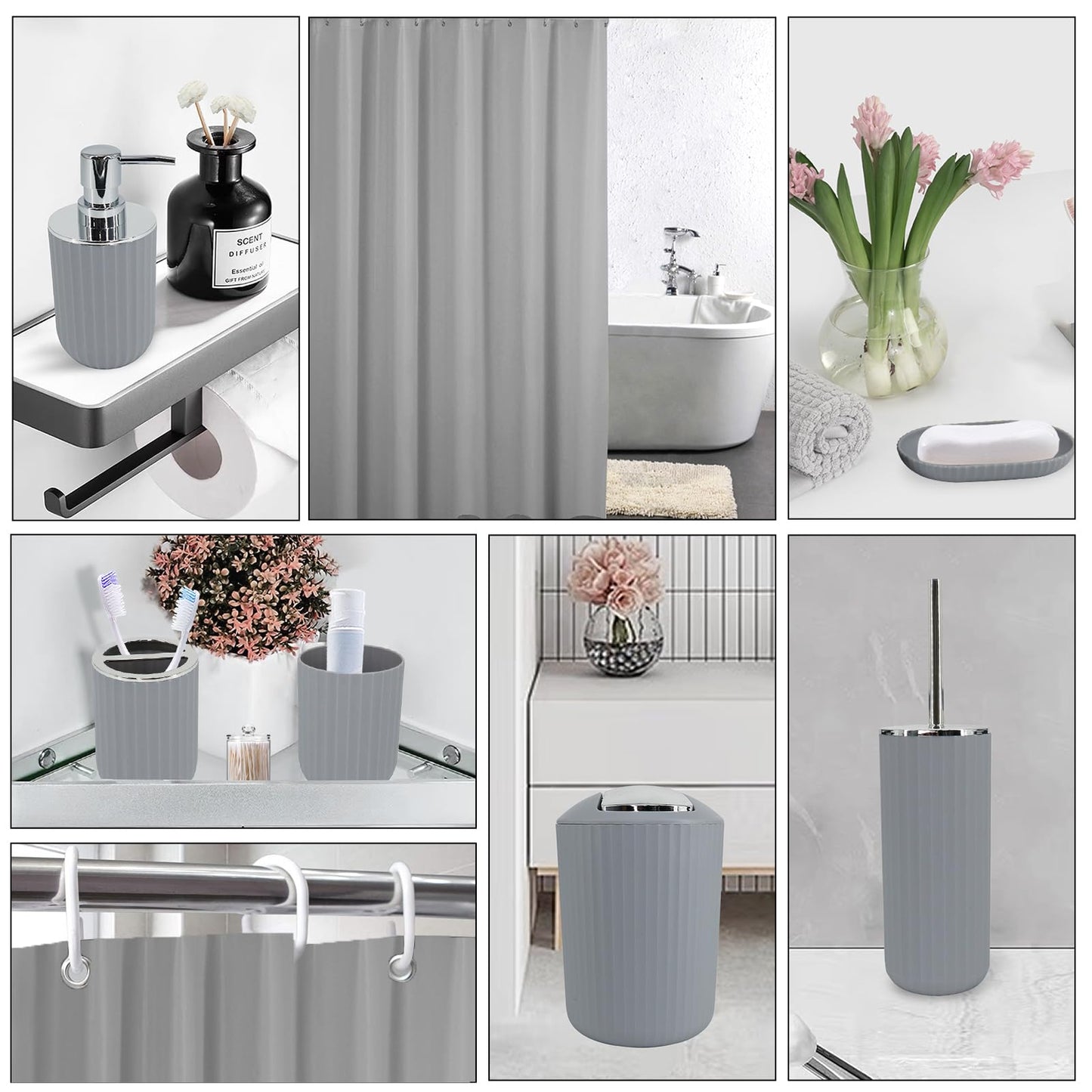 Grey Bathroom Accessories Set with Shower Curtain, Trash Can, Lotion Soap Dispenser, Soap Dish, Toothbrush Holder, Toothbrush Cup, Toilet Brush Holder and Tray for Bathroom Decor