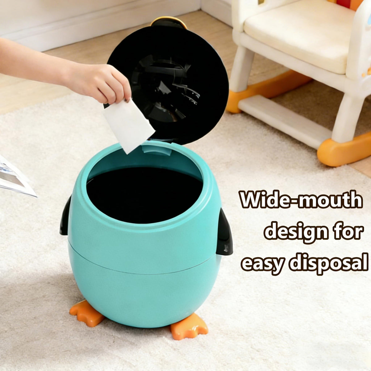 URALFA Penguin Trash Can, 3.2 Gal Kids Trash Can, Removable Inner Bucket