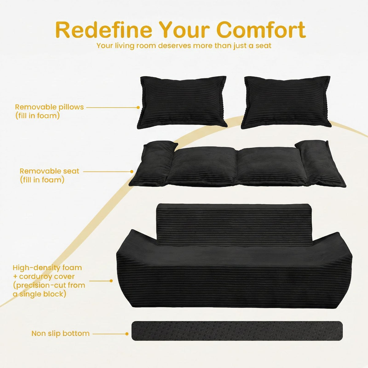 AOLVDOW 56" Boneless Loveseat, 2-Seater Black Boneless Sofa with Removable Cushions & 2 Pillows, Small Mini Couch Boneless Foam Sofa for Living Room, Apartments, & Office