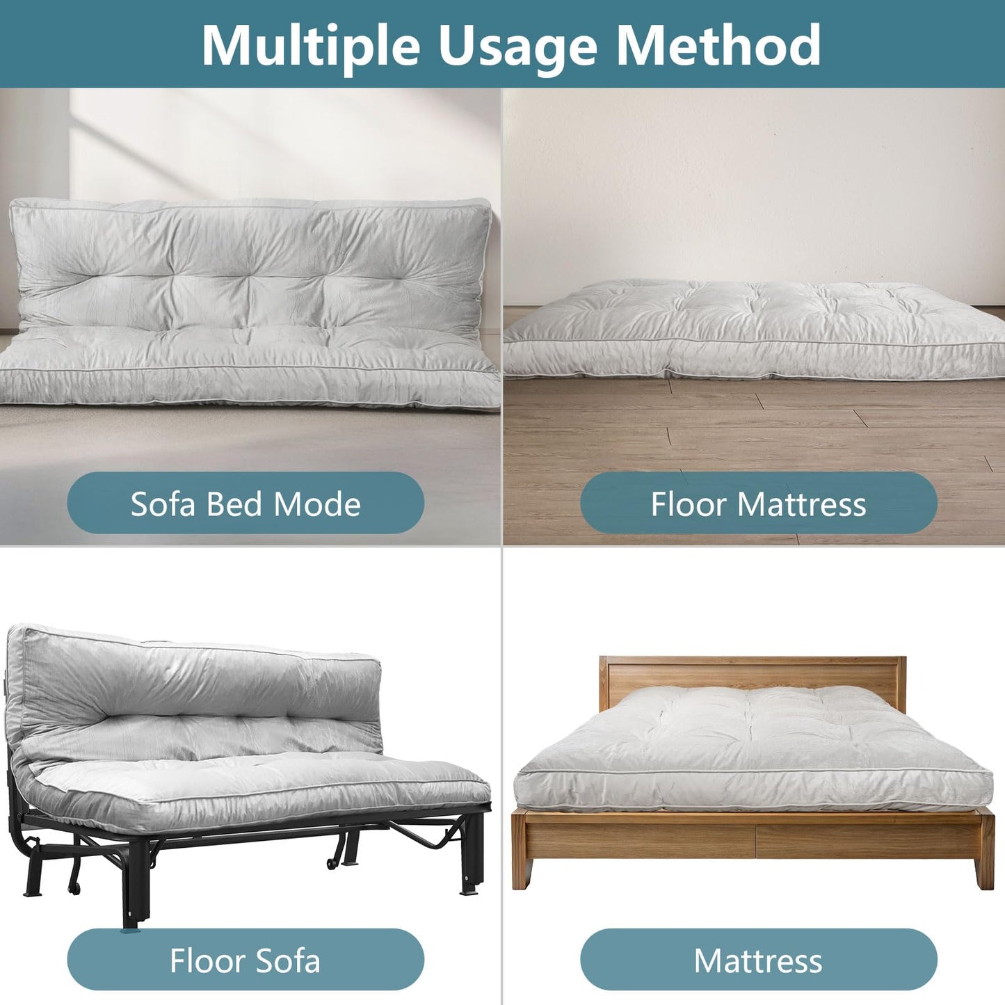 SANXUO Flannel Floor Foldable for Adults,Futon Mattres Full Size 6",Floor Futon Mattress,High Density Shredded Foam Filling Mattress for Bedroom,Living, 54 x 80 (Gray)