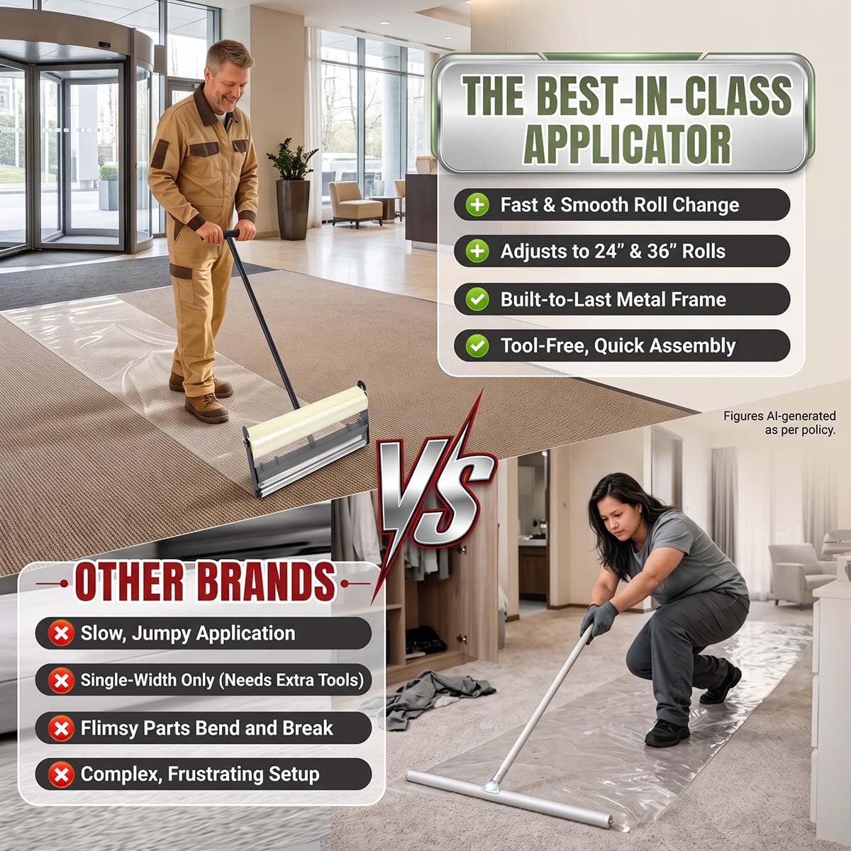 Carpet Protection Film Applicator, Dual Rollers, Quick Change, ADJ 24"&36"W