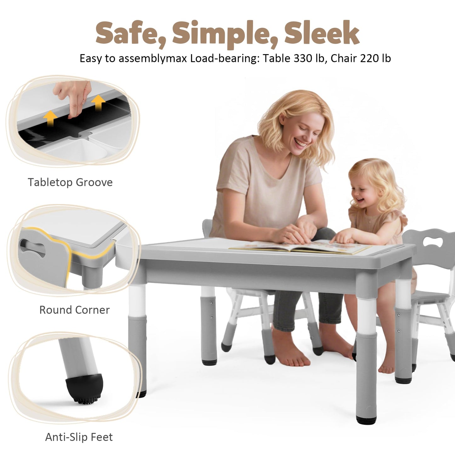 Kids Table and Chairs Set Large Storage, Height Adjustable Toddler Activity Table and 2 Chairs Set, 34.6x24.8" Graffiti/Block Building Desktop, 4 Side Boxes, Kids desk for Home, Preschool, Classroom