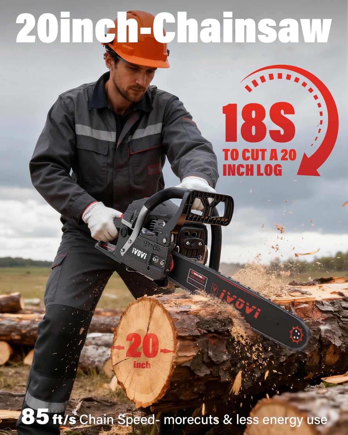 IVOVI 63CC Gas Chainsaw 20 Inch & 18 Inch Bars — 3.7HP Heavy-Duty Tree Felling, Ranch Maintenance and Storm Cleanup Tool (Black)
