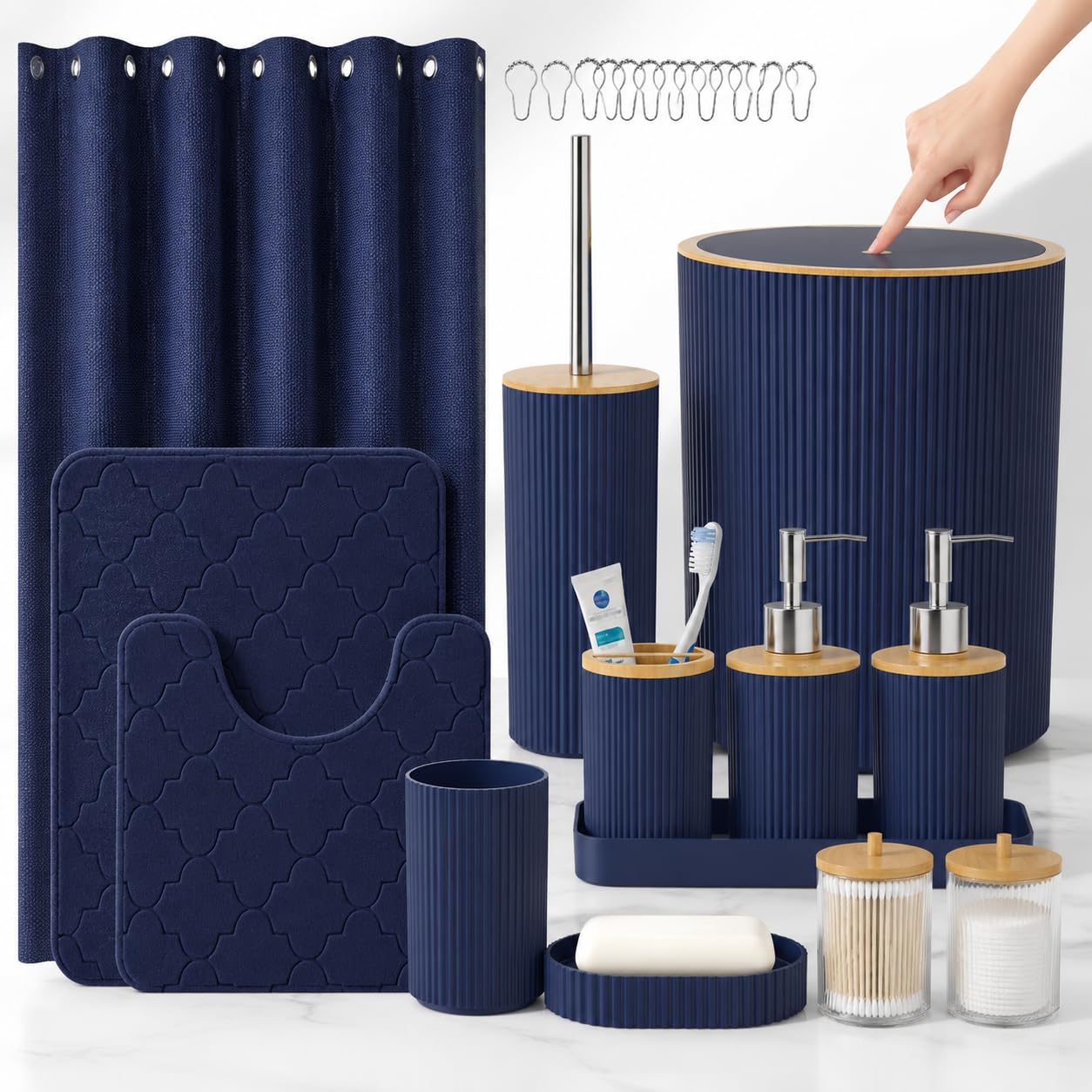 Navy Blue 25-Piece Bathroom Accessories Set with Shower Curtain and Rugs