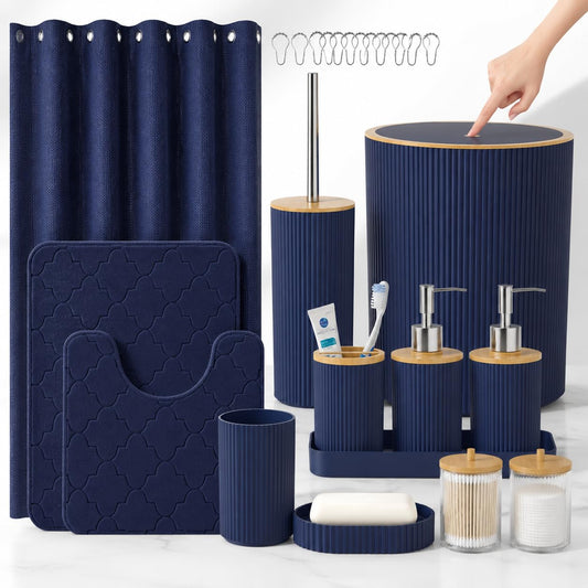 Navy Blue 25-Piece Bathroom Accessories Set with Shower Curtain and Rugs
