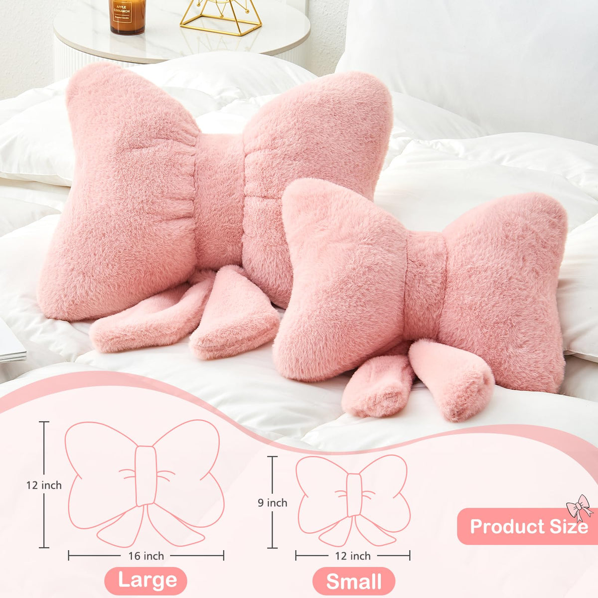 Mepherl Pink Bow Pillow, 12 x 9 in Bow Shaped Throw Pillow with Faux Rabbit Fur, Soft Decorative Accent Pillow for Bed, Couch, Sofa, Coquette Aesthetic Room Decor