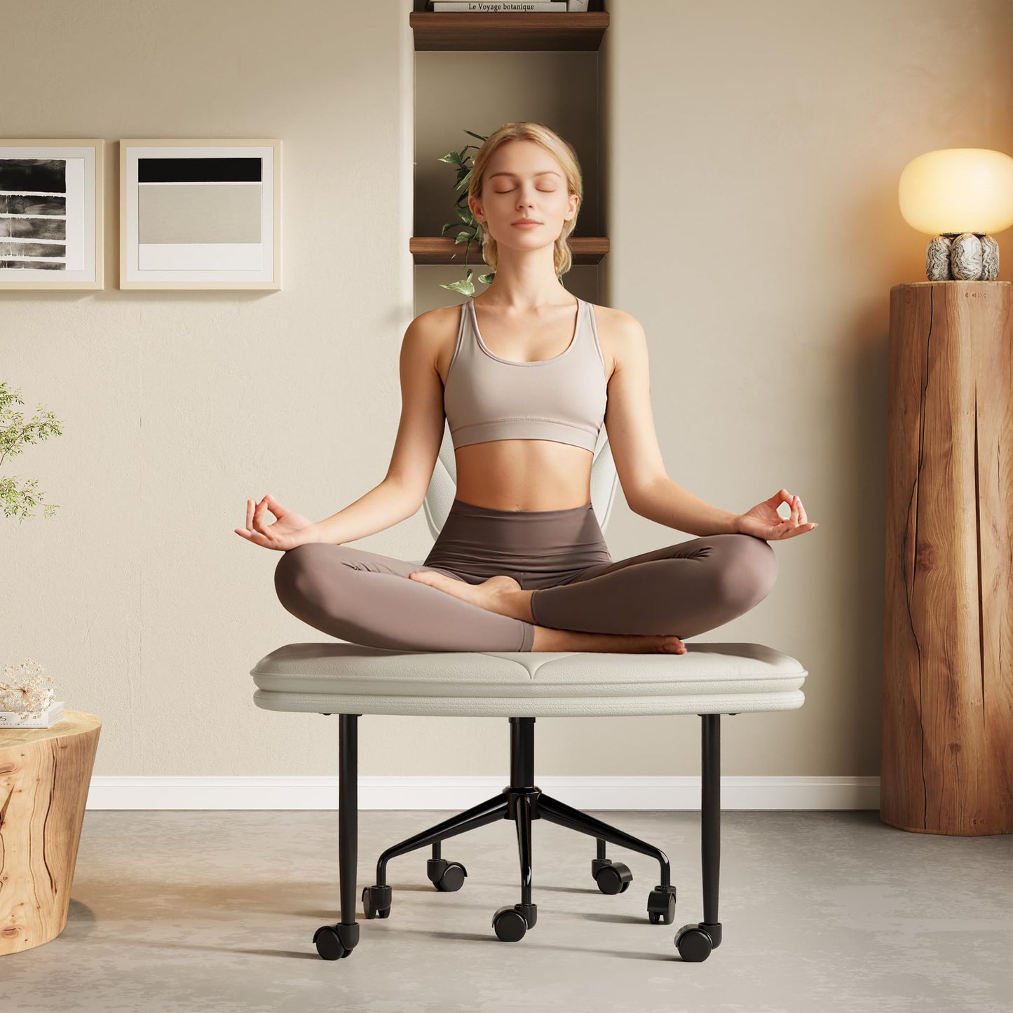 IdeaKey Ergonomic Cross Legged Chair, 360°Swivel Criss Cross Chair with Wheels, Double-Layer Upholstered Desk Chair, 31.3" Large Office Chair for Meditation and ADHD. White