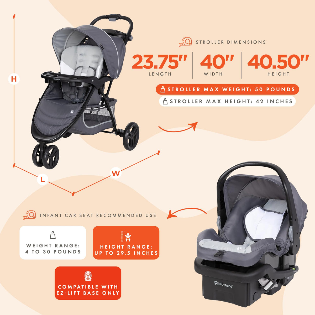 Baby Trend EZ Ride Travel System with EZ-Lift Infant Car Seat, Dash Grey