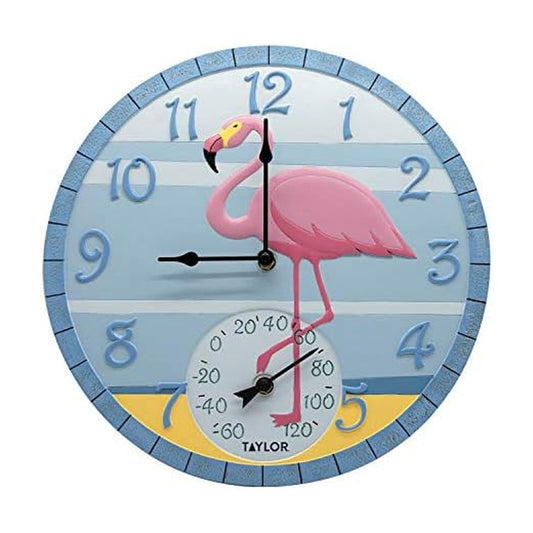Taylor 14 Inch Resin in/Out Clock with Thermometer - Flamingo