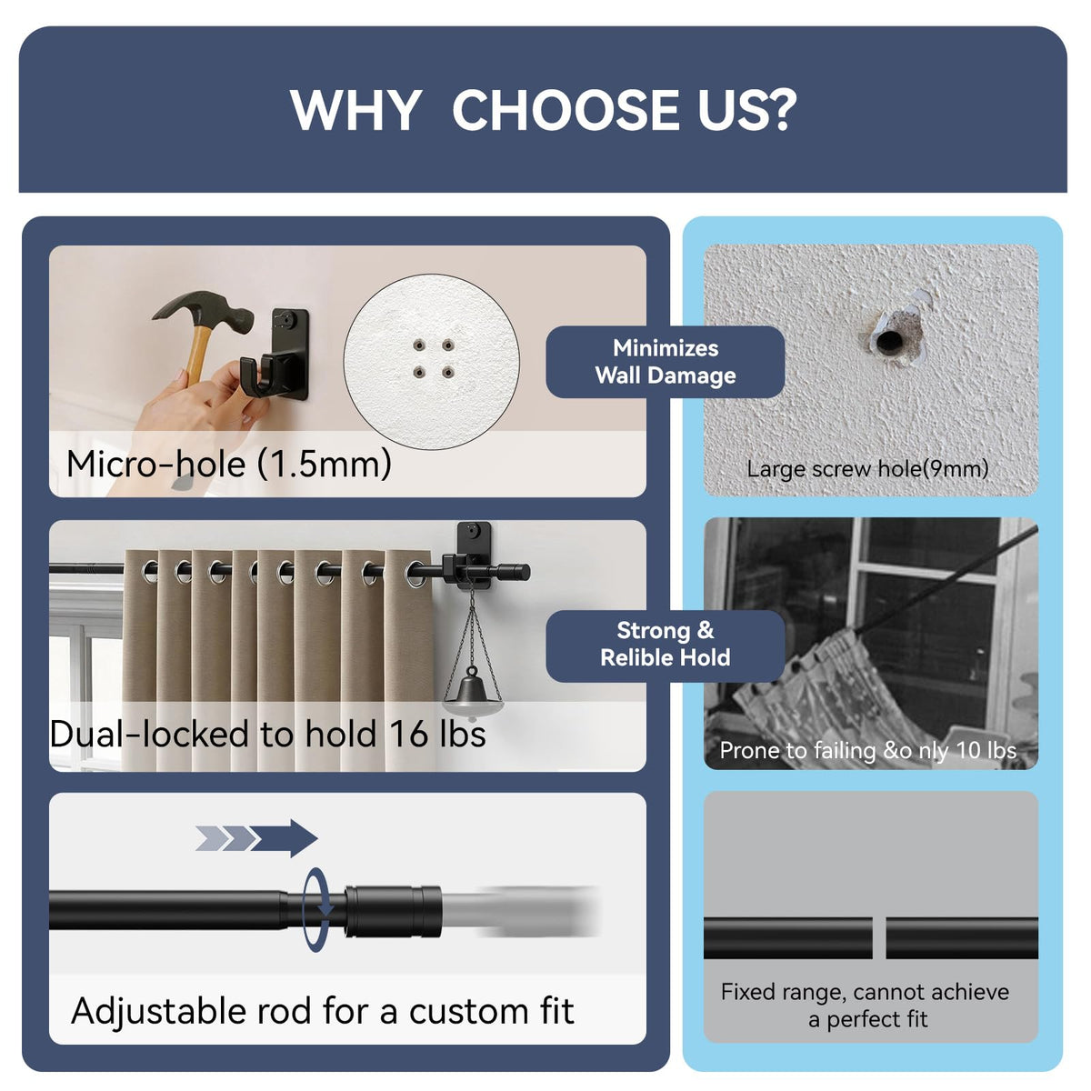 PeSenp 2.0 Upgraded No-Drill Curtain Rod for Windows 48 to 84 inches – Renter-Friendly Adhesive & Pin-Nail Mount, 5/8" Black Adjustable Rod, Minimal Wall Damage