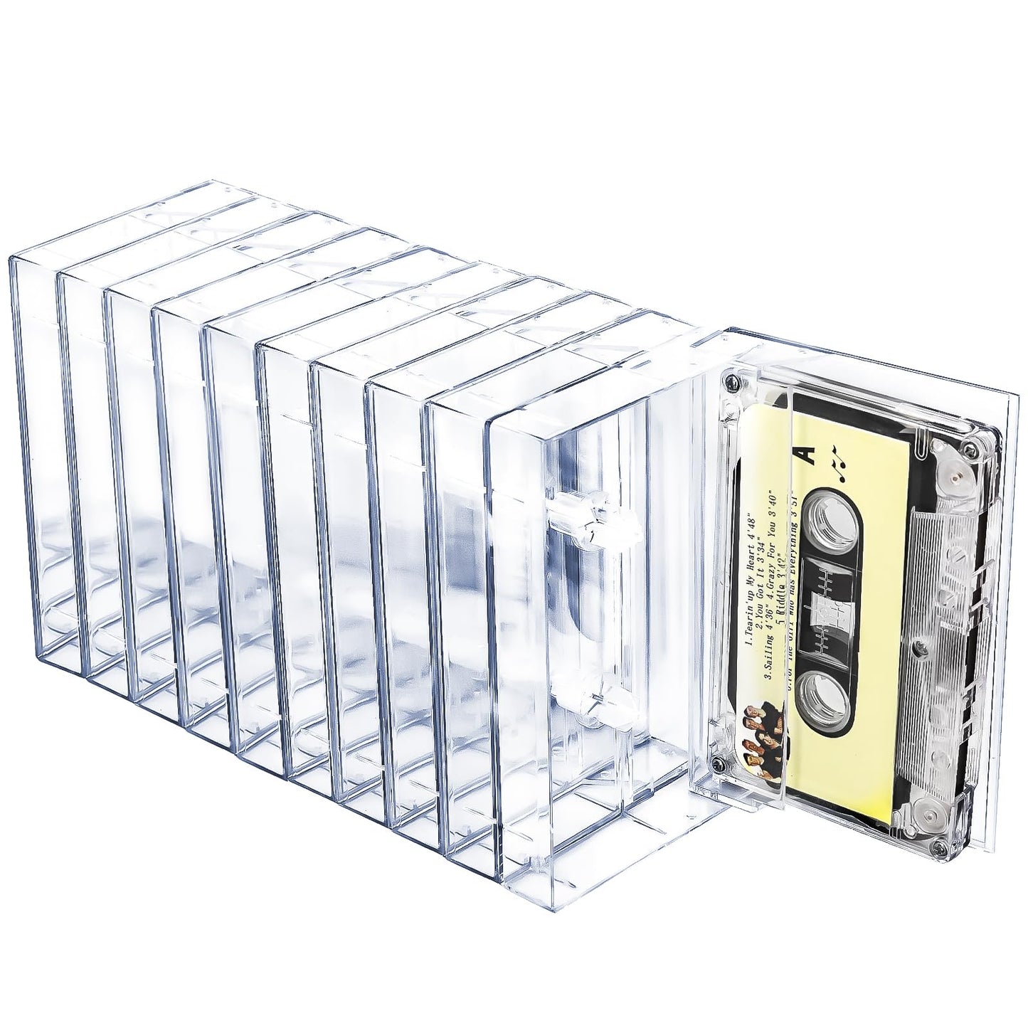 Snado 10-Pack Cassette Tape Storage Cases & Holder - Clear Plastic Audio Cassette Organizer with Anti-Scratch/Dust Protection, Classic Norelco-Style Replacement Boxes (4.28" L x 2.75" W x 0.6" H)