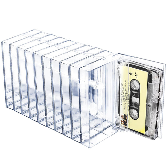 Snado 10-Pack Cassette Tape Storage Cases & Holder - Clear Plastic Audio Cassette Organizer with Anti-Scratch/Dust Protection, Classic Norelco-Style Replacement Boxes (4.28" L x 2.75" W x 0.6" H)