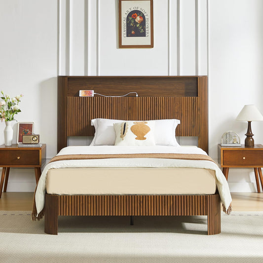 LIMNGZMEENN Full XL Bed Frame with Storage Headboard and Charging Station, Fluted Platform Bed with 2 AC Outlets and 2 USB Ports, Noise-Reducing Metal Support Bed Frame for Bedroom, Walnut