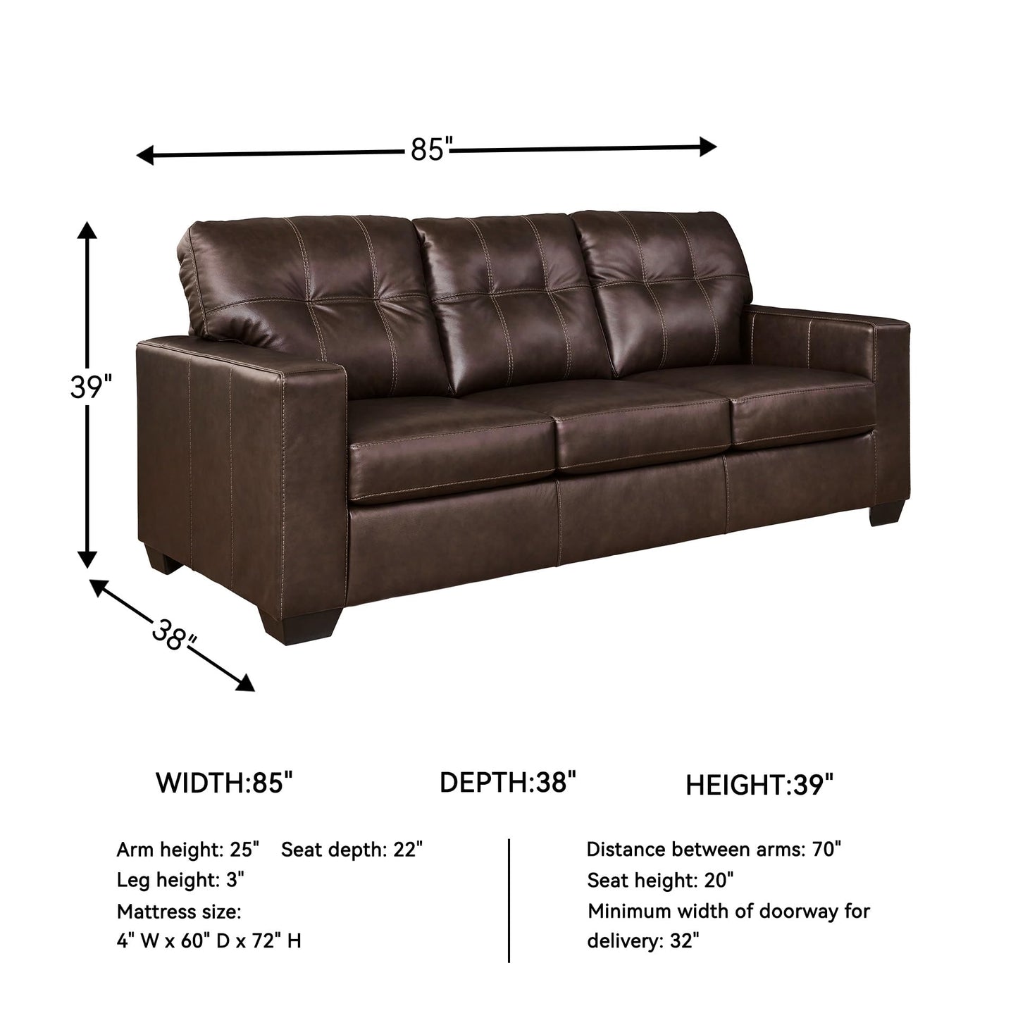 Signature Design by Ashley Santorine Classic Leather Match Tufted Sofa Sleeper with Removable Seat Cushions and Bi-Fold Memory Foam Mattress, Queen, Dark Brown