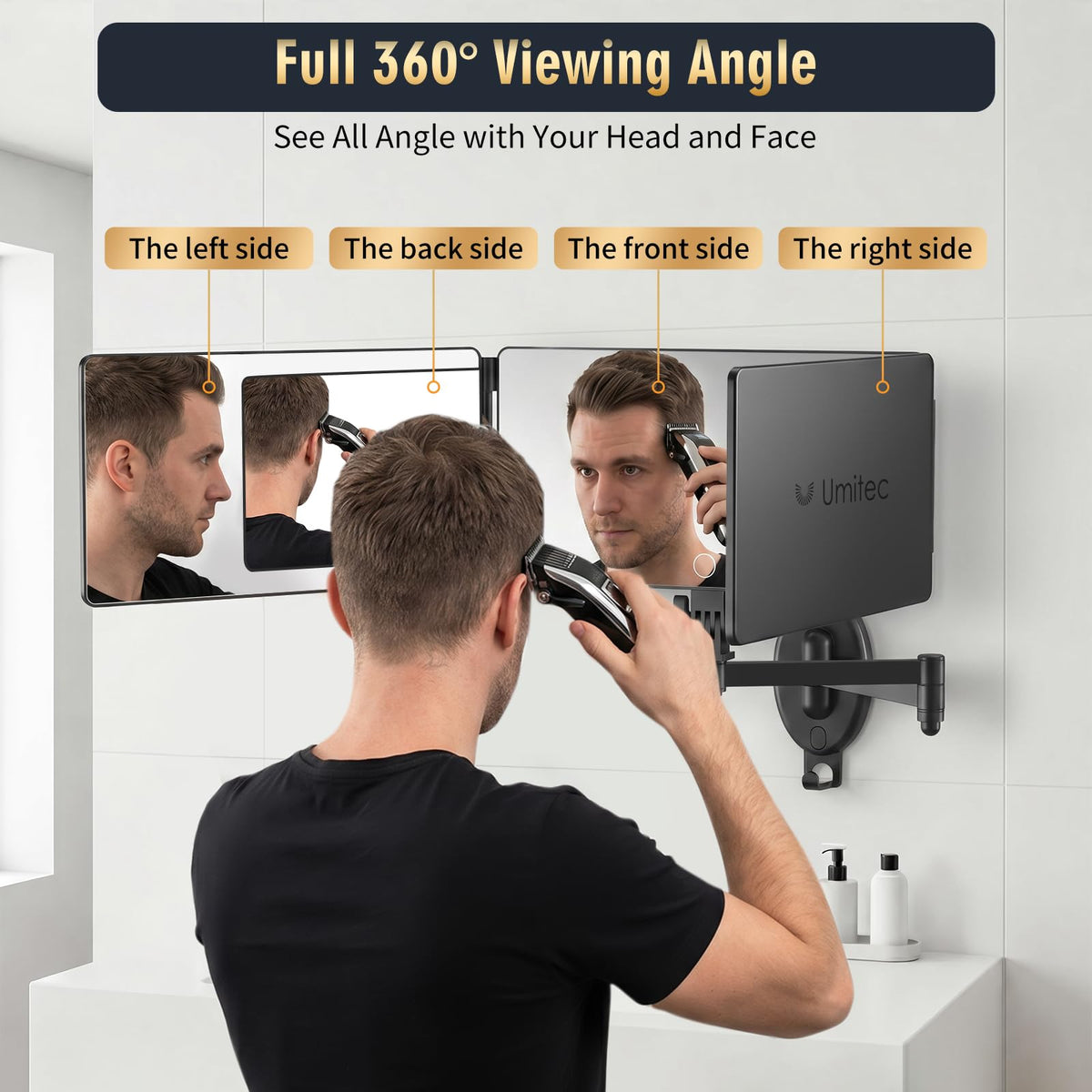 Wall Mounted LED 3 Way Haircut Mirror with Swing Arm, 360° Self Cut View
