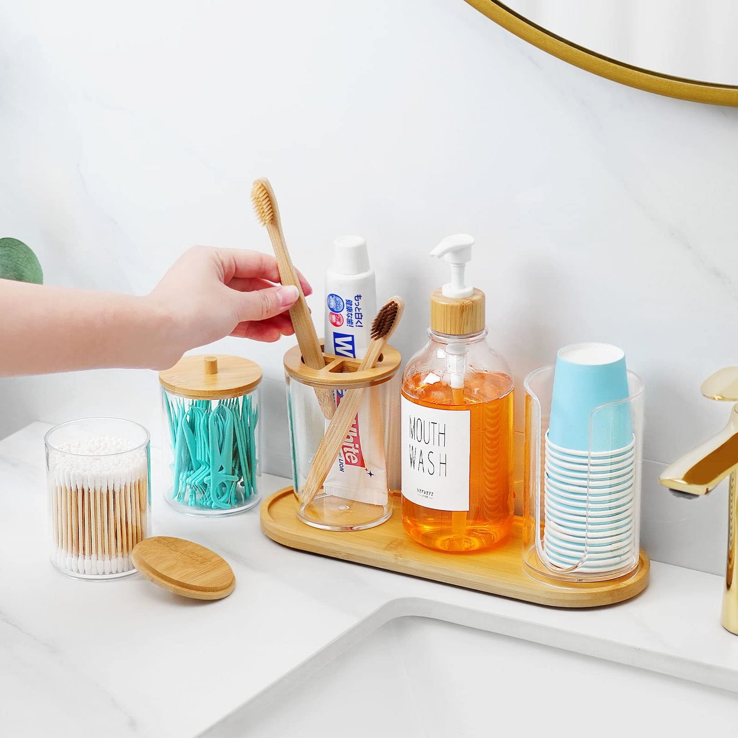 VITVITI Bamboo Bathroom Accessory Set, Soap/Mouthwash Dispenser, Clear
