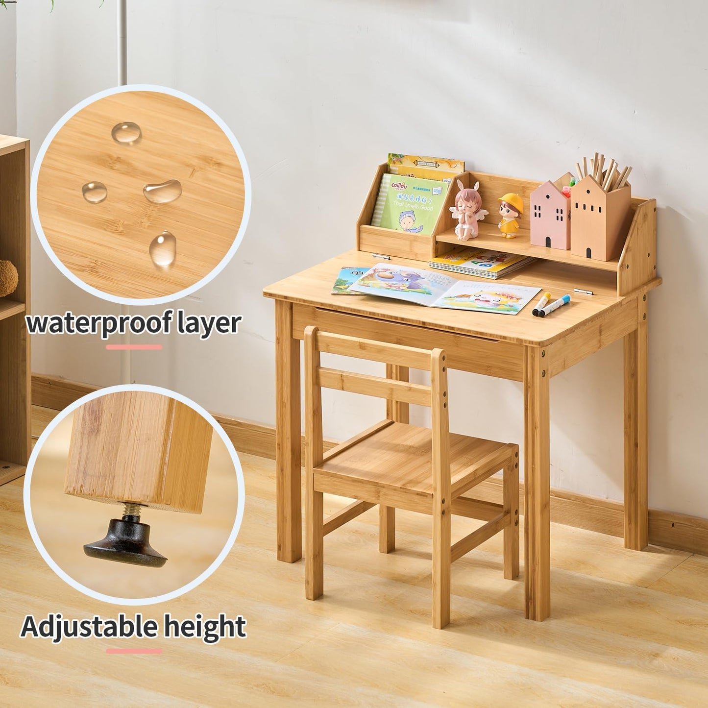 UNICOO Bamboo Toddler Desk and Chair Set with Lift-Top Storage, Kids Study Table with Hutch and Bookshelf, Writing Reading Art Desk for Boys and Girls Ages 3-8