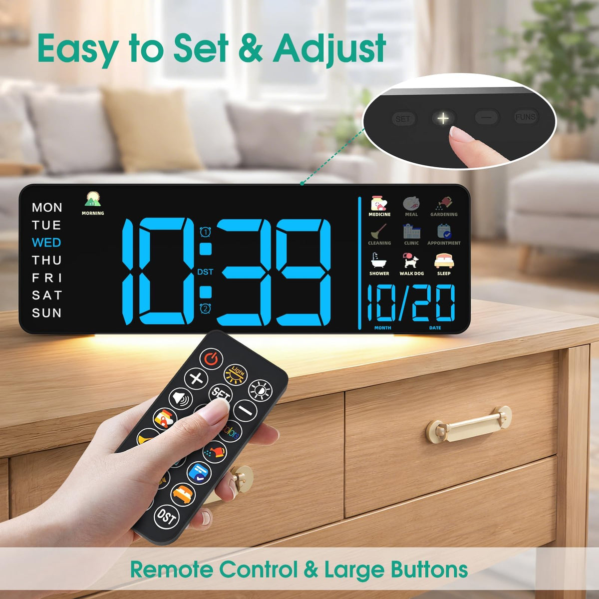 Hoifen 16" Large Digital Wall Clock with Remote, LED Day & Date Display