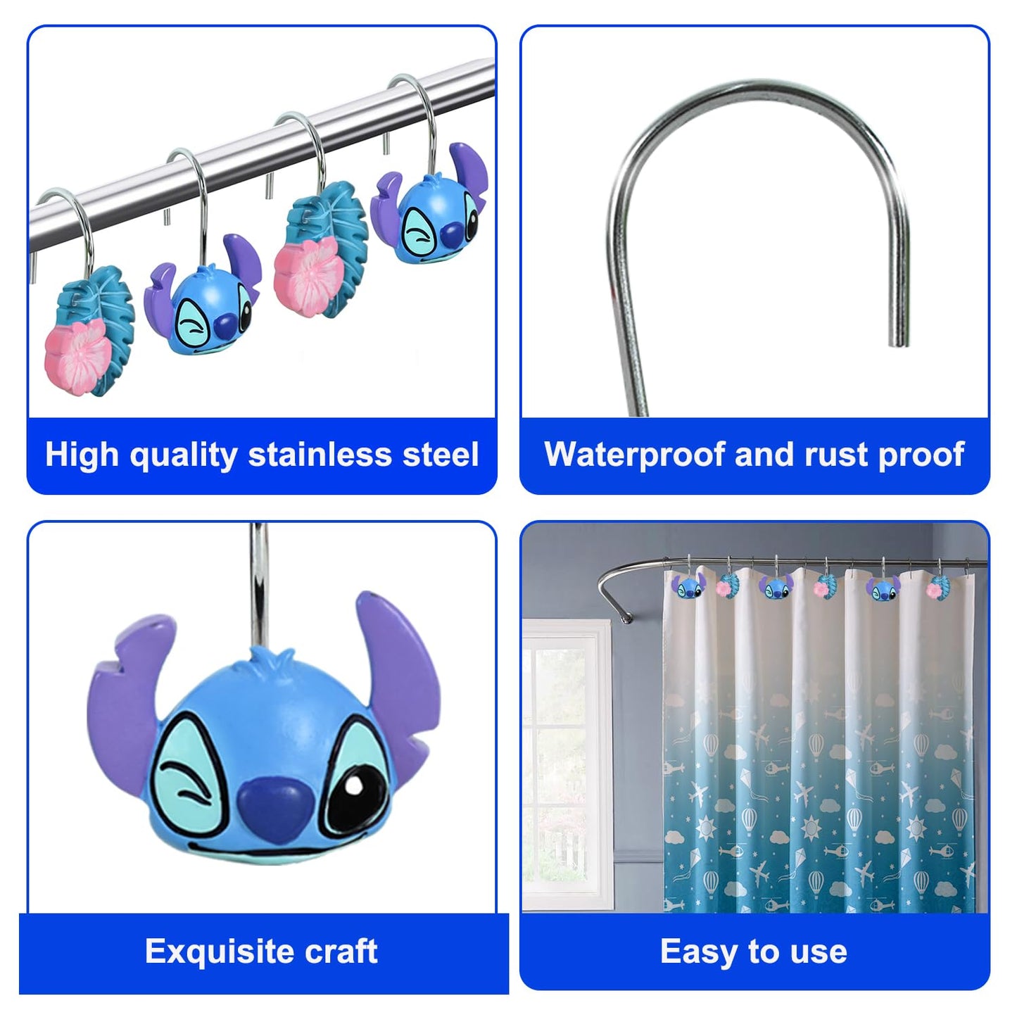 CTOHN 12-Piece Blue Cute Shower Curtain Hooks, Decorative Stainless Steel Shower Hangers Rings for Bathroom