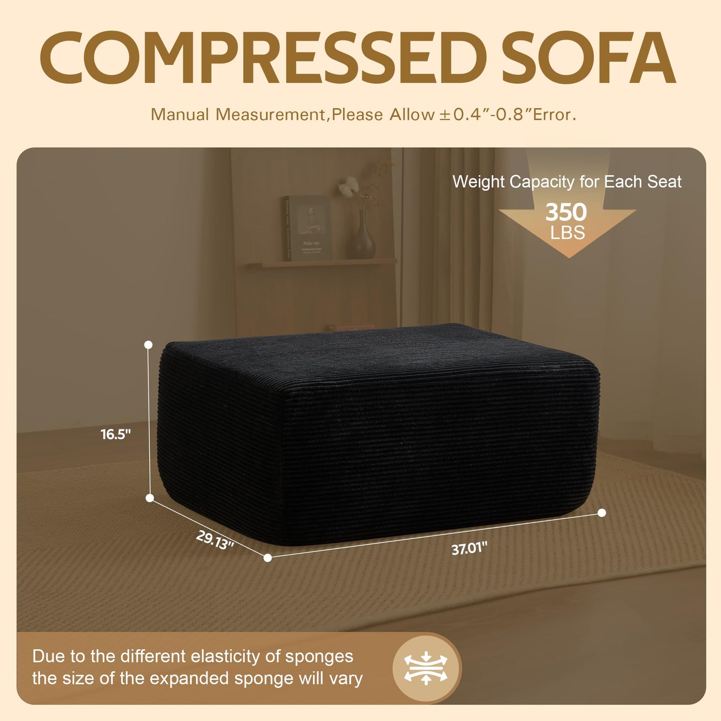 37" Square Cloud Couch Ottoman Footstool, Upholstered Foam Filling Footrest Ottomans for Couch,Large Seat,Soft Fluffy Foot Stool for Living Room Bedroom, No Assembly Required,Black,Corduroy