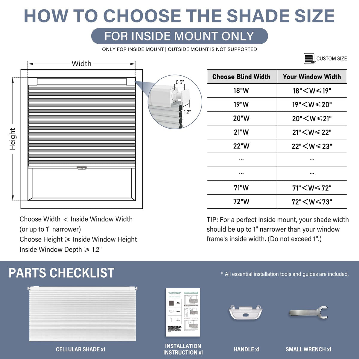 AOSKY No Drill Cordless Blackout Cellular Shades, 34" W x 48" H, White