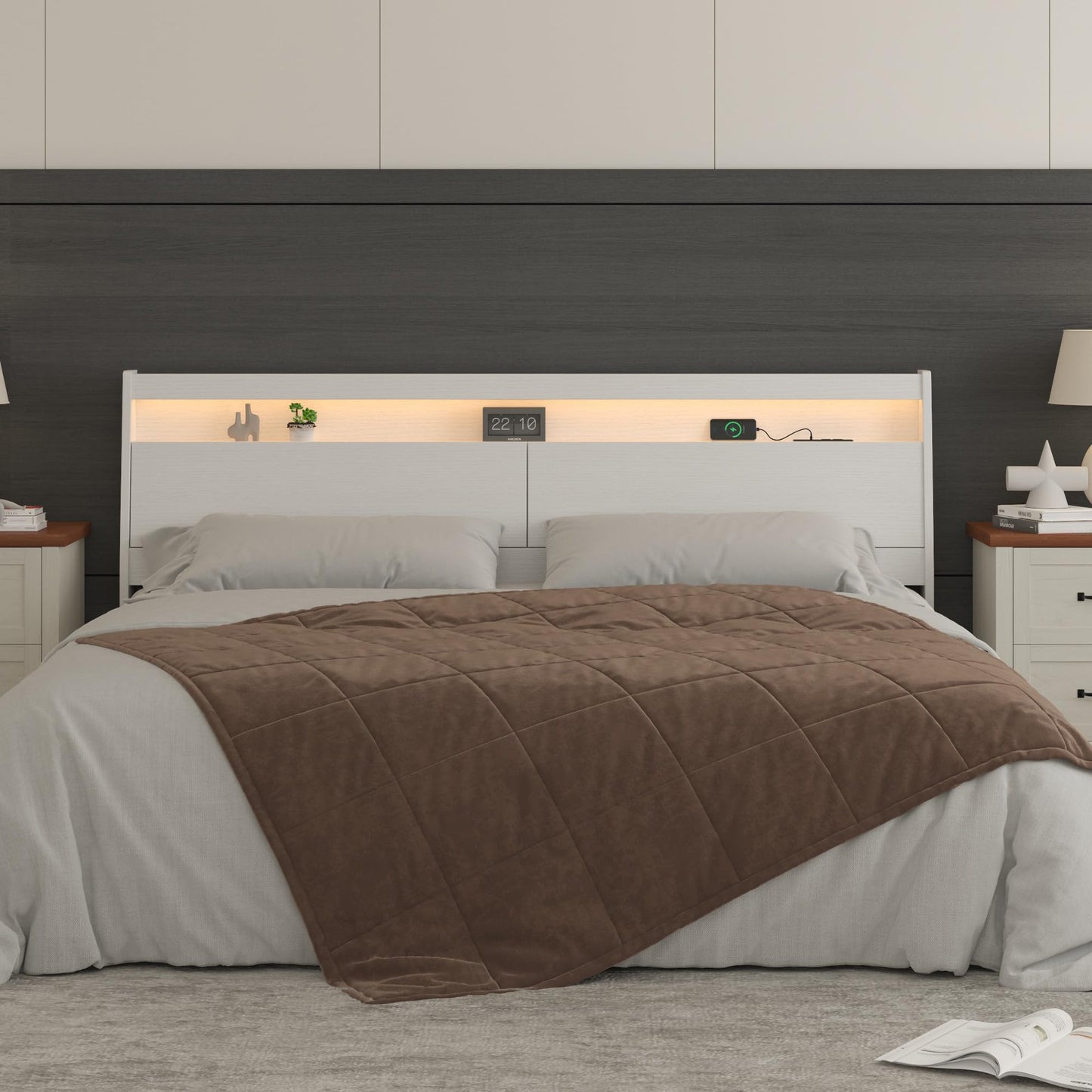 KATYGLORY Headboard Only with St,Modern Headboard with Storage Built-in Power Outlets 2 USB Ports LED Lighting, Gap-Free Wall Design Easy Assembly (White, Queen (U.S. Standard))