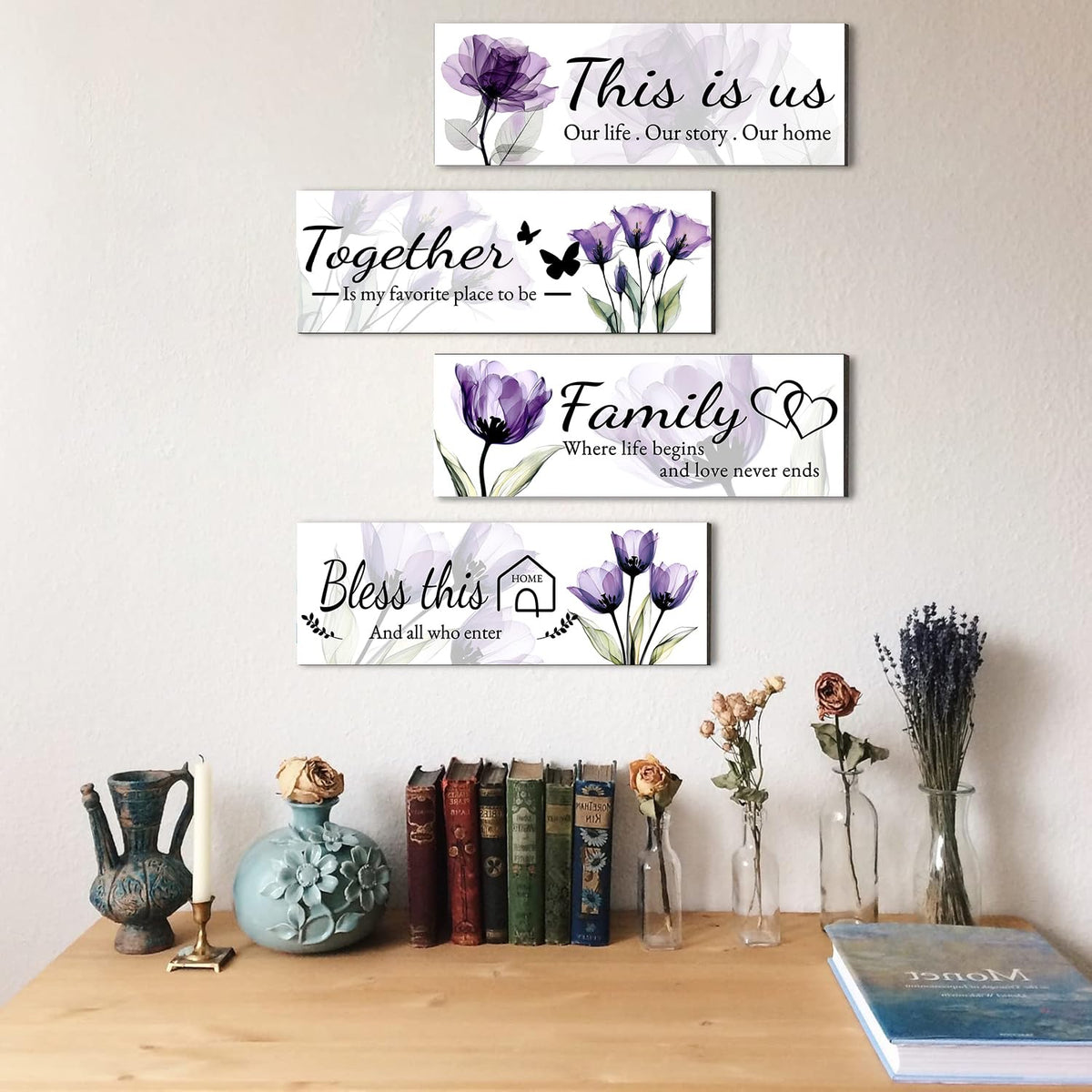 Rurpali 4 Pcs X-ray Purple Flowers Living Room Wall Decor, Motivational Family Wall Art for Living Room Bedroom, Rustic Wooden Farmhouse for Home Decor, 12 x 4 Inch