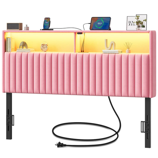 Rolanstar Headboard for Full Size Bed with Storage, Head Board with USB & Type C Port, 60,000 DIY Color of LED Light, Velvet Upholstered, Height Adjustable, Sturdy, Easy Assembly, Pink
