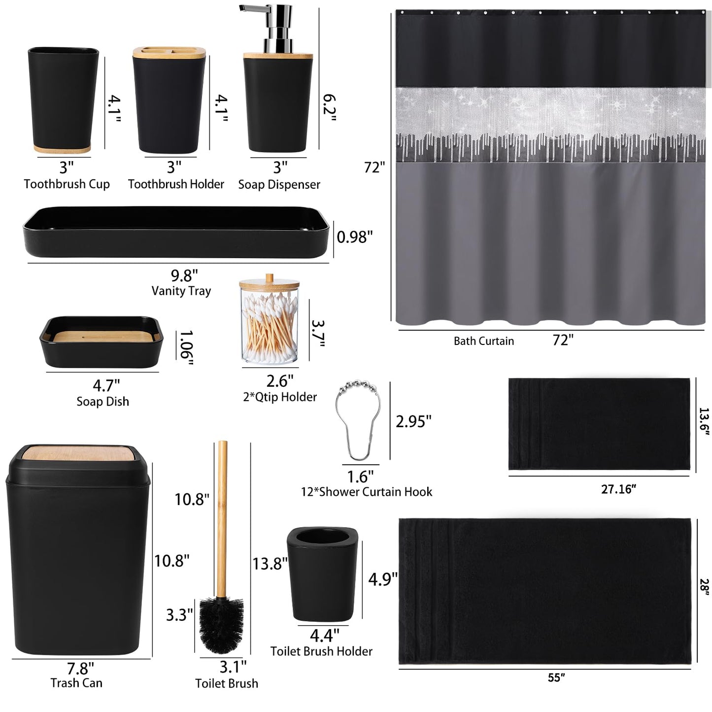 XLHOMO Bathroom Sets with Shower Curtain and Rugs,24PCS Black Bathroom Set Shower Curtain Set with Bathroom Trash Can Bathroom Accessories
