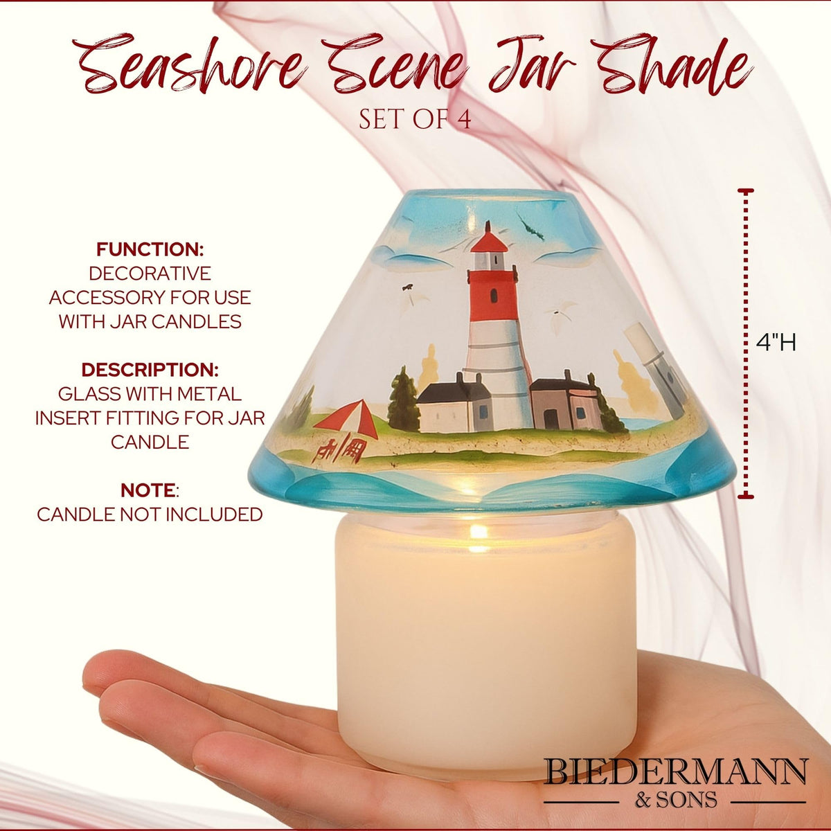 Biedermann & Sons Hand-Painted Seashore Scene Jar Candle Shades, Multicolor, 4 Inch Tall - Set of 4