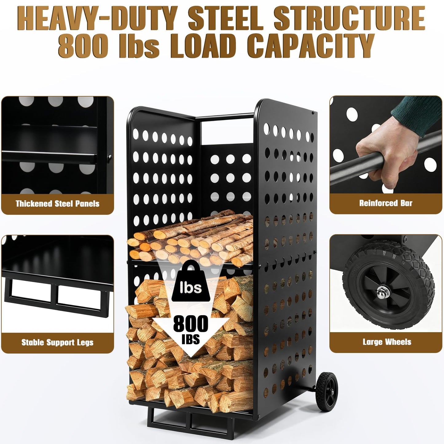 Cycayit Firewood Rack Outdoor Heavy Duty 800lbs - Rolling Firewood Cart with Wheels, All Weather Fire Wood Storage Rack Indoor Outdoor