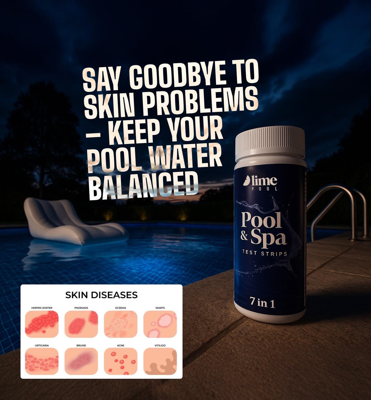 LIME POOL 162 Pcs 7-Way Hot Tub, Spa & Pool Test Strips - Accurate Readings in 15 Seconds