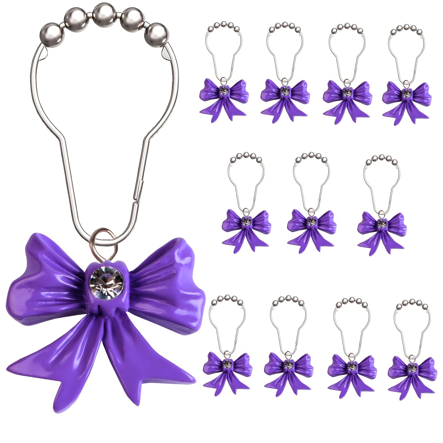 12 Pcs Purple Bow Knot Shower Curtain Hooks, Decorative Stainless Steel Shower Curtain Hooks for Bathroom Shower Rods