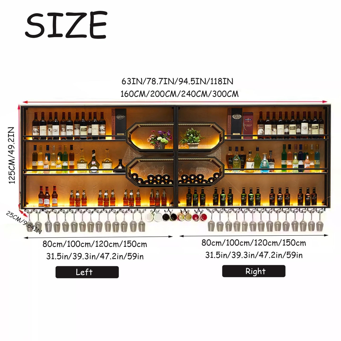 Dawselod 78.7in Large Wall Mounted Wine Rack with LED Light,4-Tiers Liquor Bottles Floating Shelves Display Storage Organizer for Home Bar & Dining Room Decorative (78.7" W x 9.8" D x49.2 H)