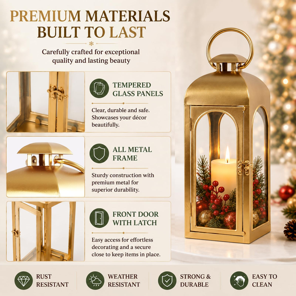Christmas Decorative Lanterns Gold Metal Candle Holders 16 Inch 2 Pack