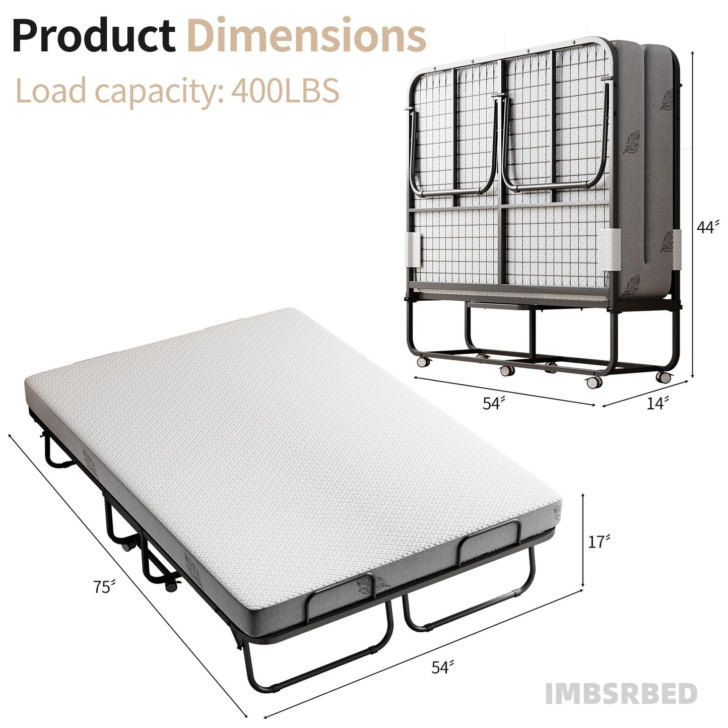IMBSRBED 75"×54" Folding Bed with Adult Mattress, Full Size, Portable Folding Bed with Deluxe Memory Foam Mattress and Extra Strong Frame, Folds, Rolls and Conceals (75"×54")