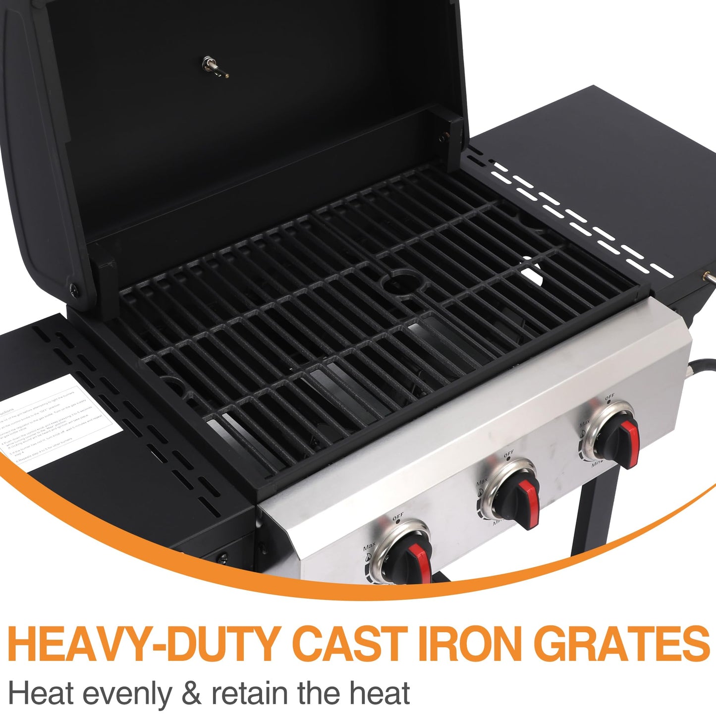 GRILL DEPOTS Propane Gas Grill with Folding Side Tables, 3-Burner Gas Grill with Cast Iron Grates and Stainless Steel Griddle Pan, Outdoor BBQ Grill Portable with Wheels 30,000 BTU Output