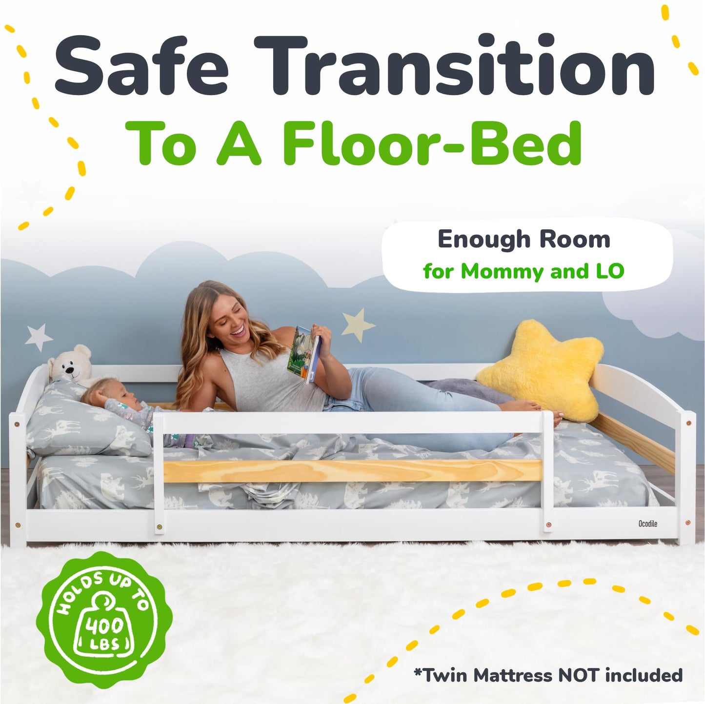 Ocodile Twin Floor Bed with Safety Guardrails for Kids, Montessori Inspired with Rails and 2 Openings, Twin Size Bed Frame for Girls and Boys - White
