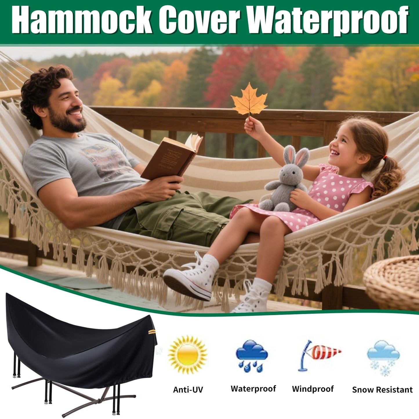 Hammock Covers for Outdoor Waterproof, Durable 420D Hammock Cover for 12 ft Hammock Stand, Windproof 3 Buckles & 1 Elastic Cord, Airy Vent,Reflective handle,All Weather Protection Hammock Rain Cover
