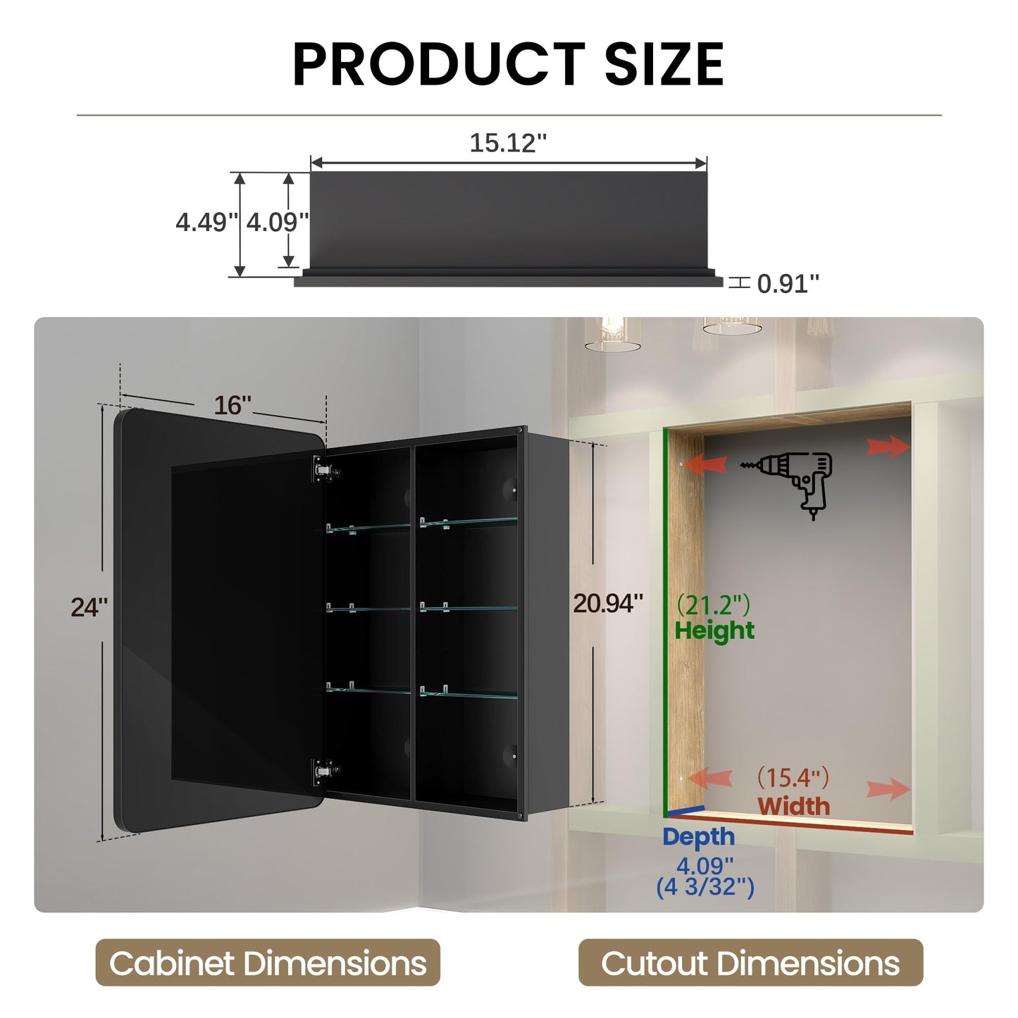 GoTiling 16x24 Medicine Cabinet with Mirror, Aluminum Bathroom Wall Organizer, Pre-Assembled, Center Partition for Tall Bottles, 6 Adjustable Shelves, Soft-Close, Recessed/Surface Mount, Matte Black