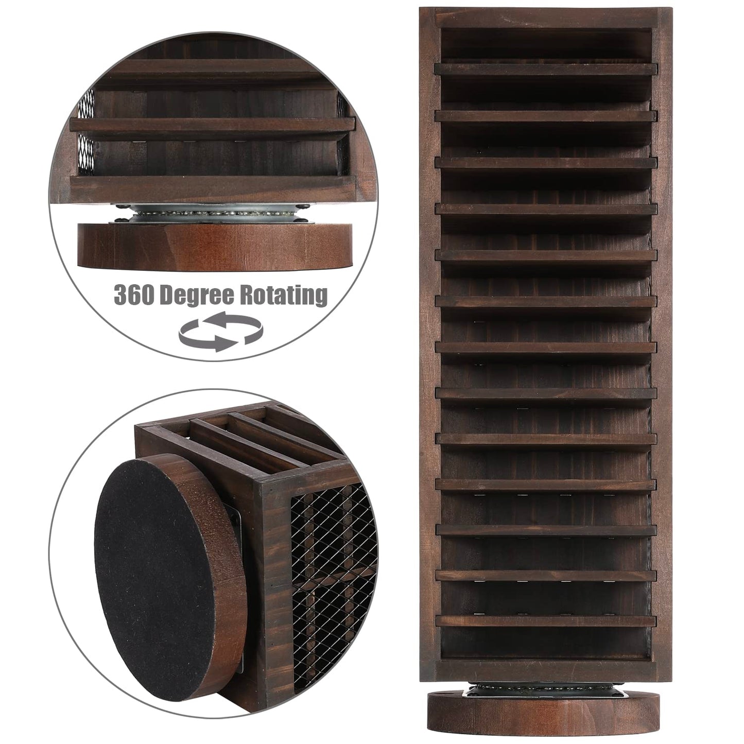 FARM IN Cassette Tape Storage, 360-Degree Rotatable Design Farmhouse Style Cassette Rack Tower, Double-Sided 28-Slot, Rustic Solid Burnt Wood & Diamond Metal Wire Mesh