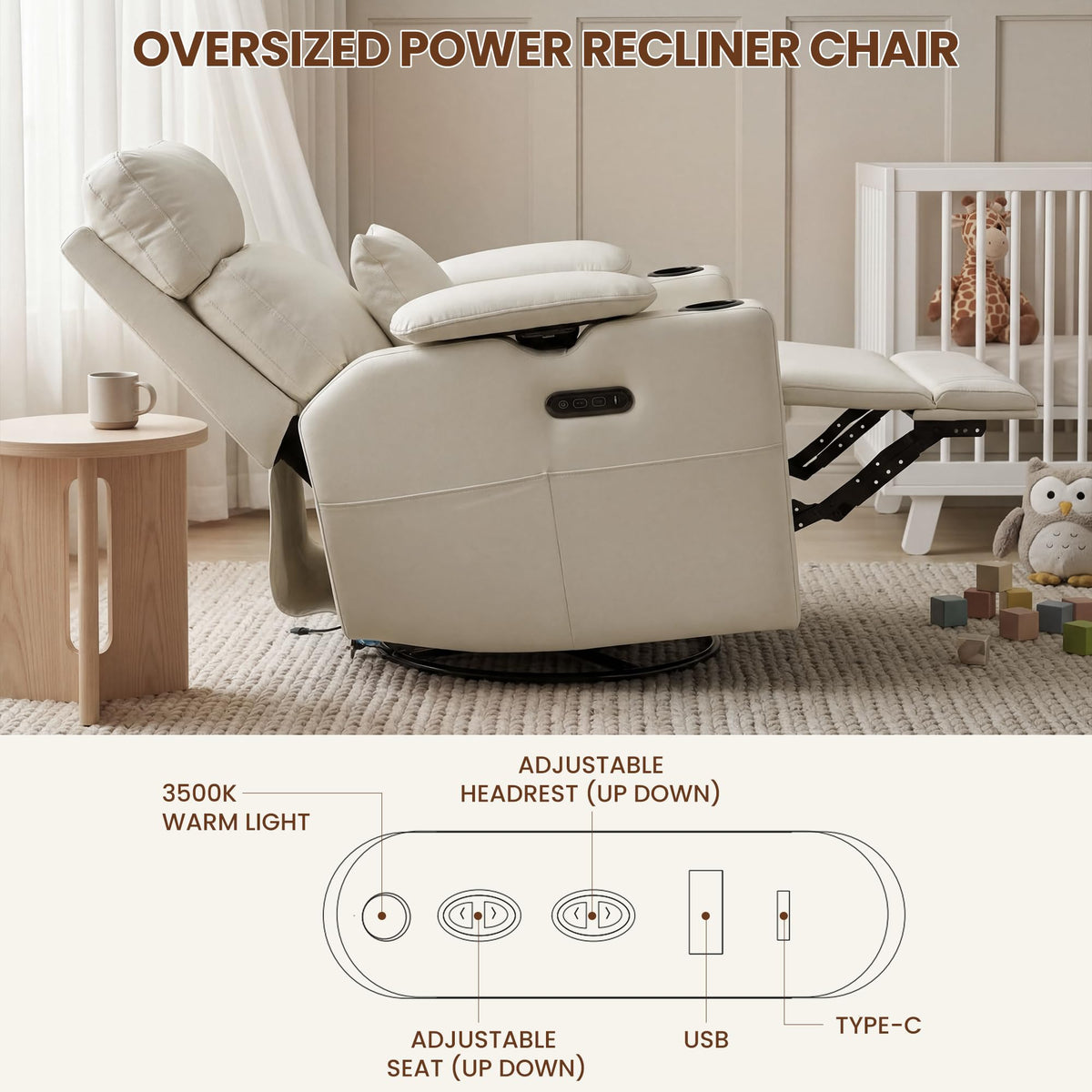 FiveWillowise Power Rocking Nursery Chair with Adjustable Armrests&Headrest