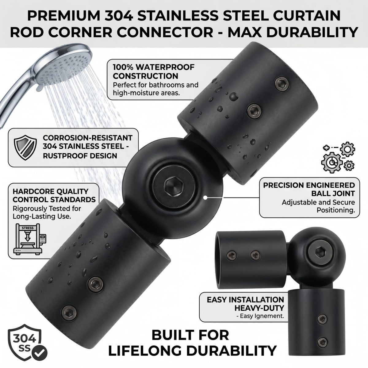 Heavy Duty Adjustable Corner Curtain Rod Connector, 2 Pack Black Metal Hinged Elbow Connector for 1 Inch Bay Window Curtain Rods & Blinds