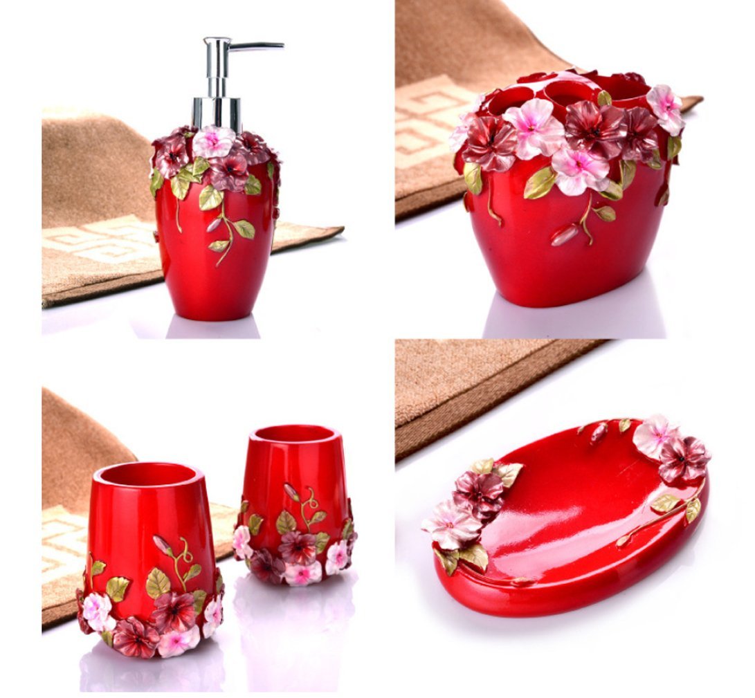 YIYIDA 9pcs Bathroom Set Resin Bathroom Accessories Set Flowers Bloom Luxury Manor Bath Set Soap Dispenser Toothbrush Holder Tumbler Soap Dish