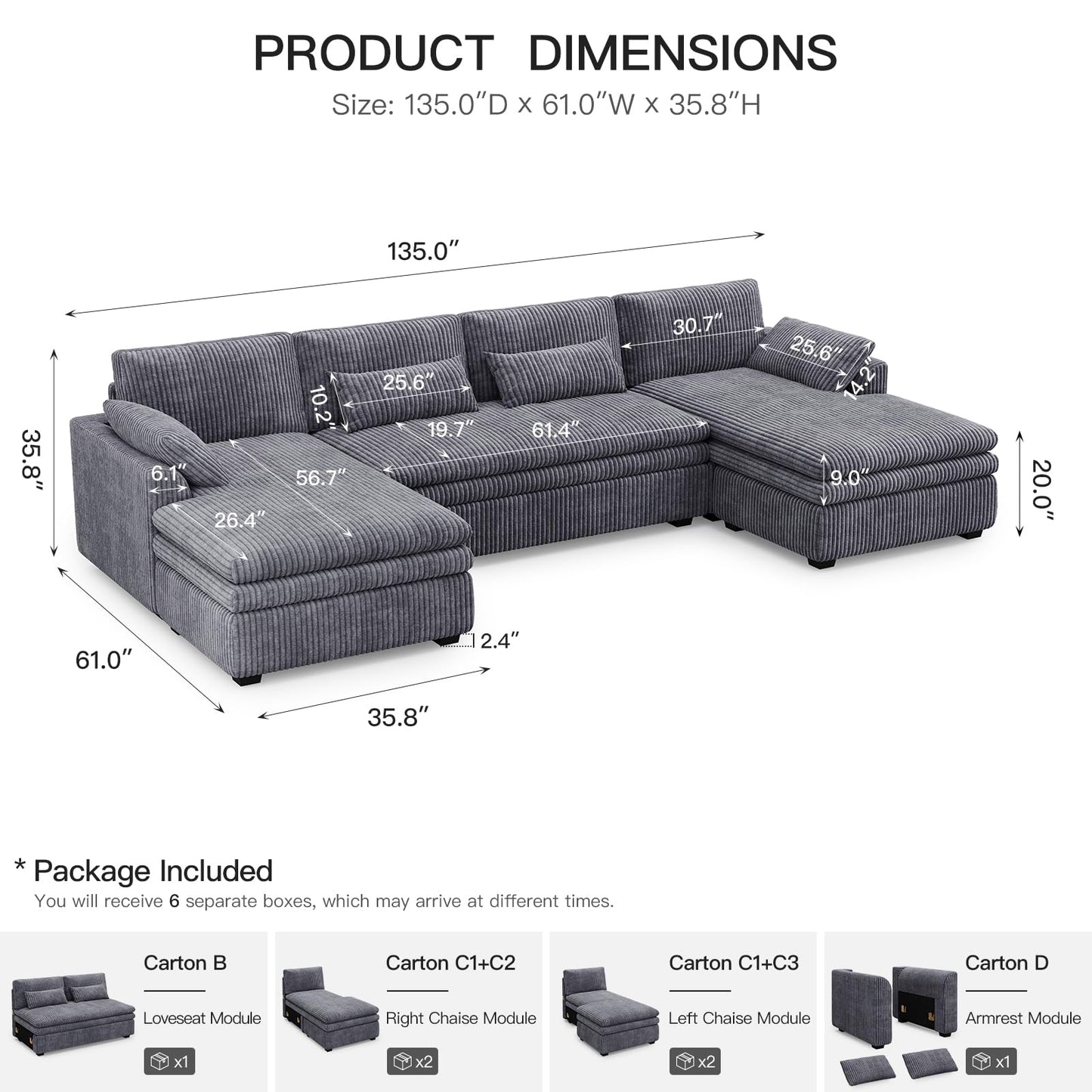 Belffin Large Modular Sectional Sofa with Double Deep Chaise, 135" Corduroy U Shaped Sectional Couch with 9" Soft Dual-Layer 6 Seats U Shaped Couch for Living Room, Apartment, Light Grey